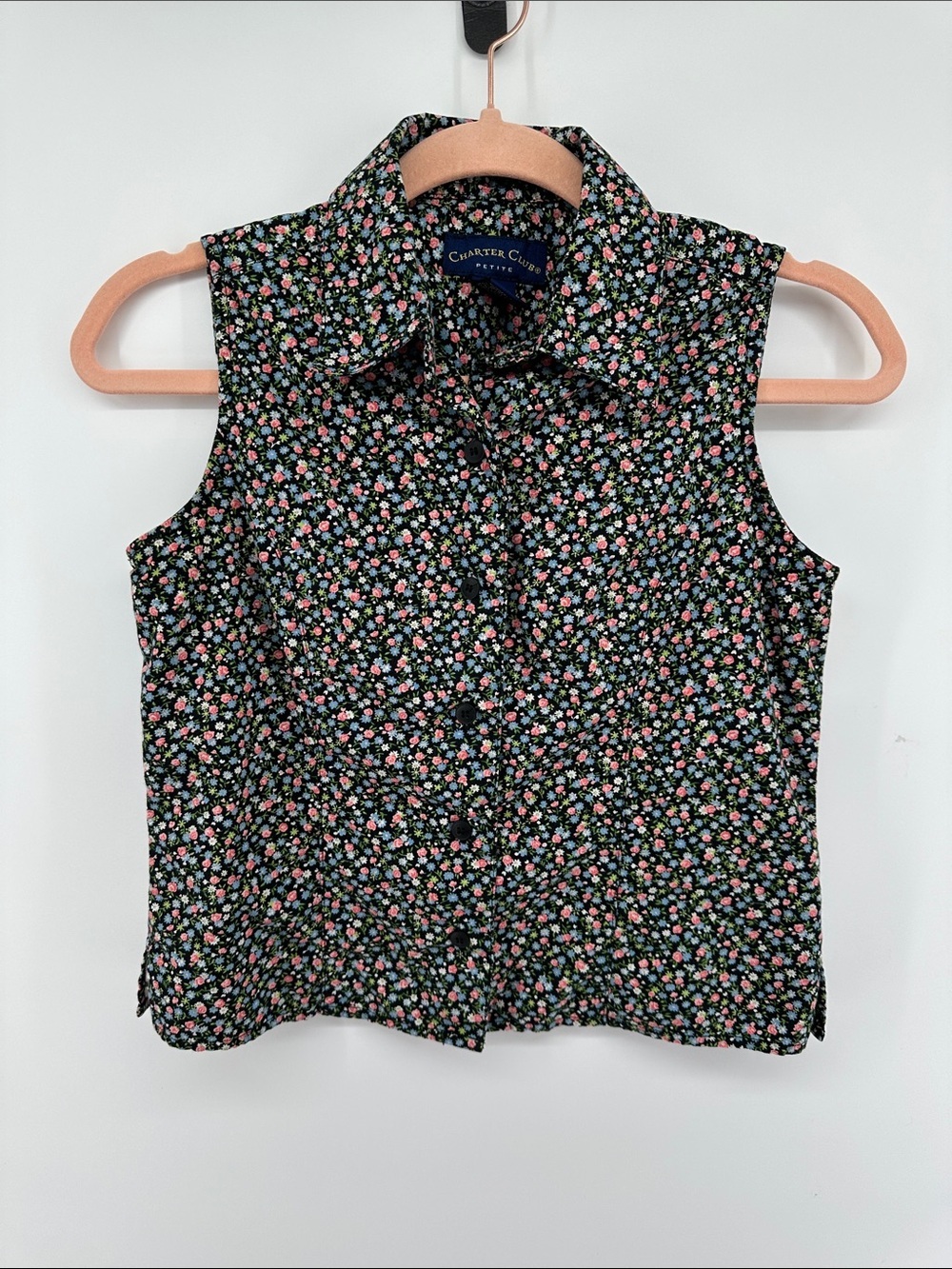 Charter Club VTG Whimsigoth Cottagecore Preppy Black Collared Floral Shirt Sz6P